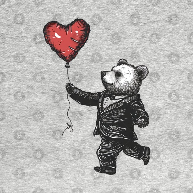 Charming Valentine Victorian: Cute Bear in Dapper Suit Holding Heart-Shaped Balloon by zax454